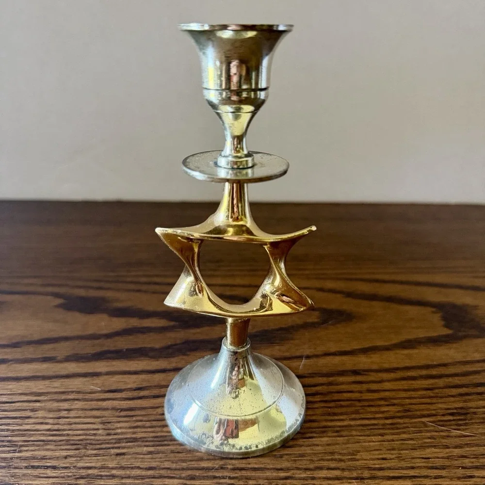 Vintage Karshi Hanukkah Candlesticks Shabbat David Star 24K Gold Plated Set Of 2